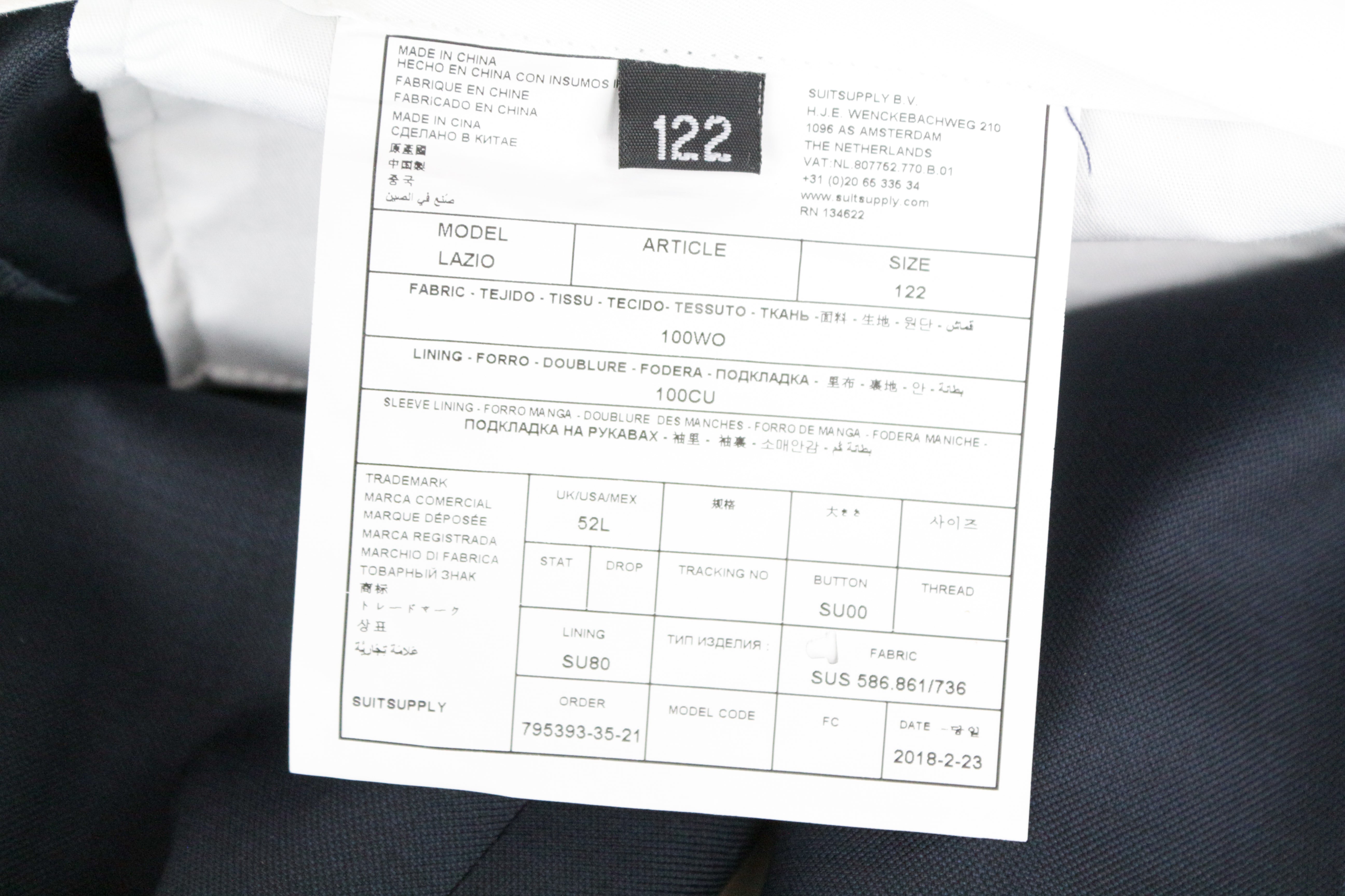 SUITSUPPLY Lazio UK52 Men's 3 Piece Blue Wool Suit Single-Breasted