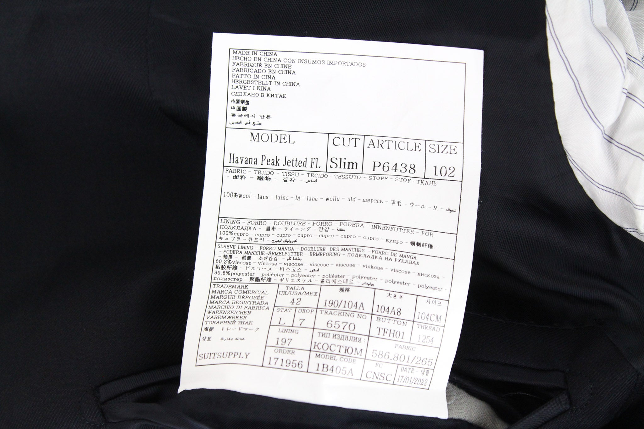 SUITSUPPLY Havana Peak Men's UK42L Blue Slim 3-Piece Super 110s Wool Suit