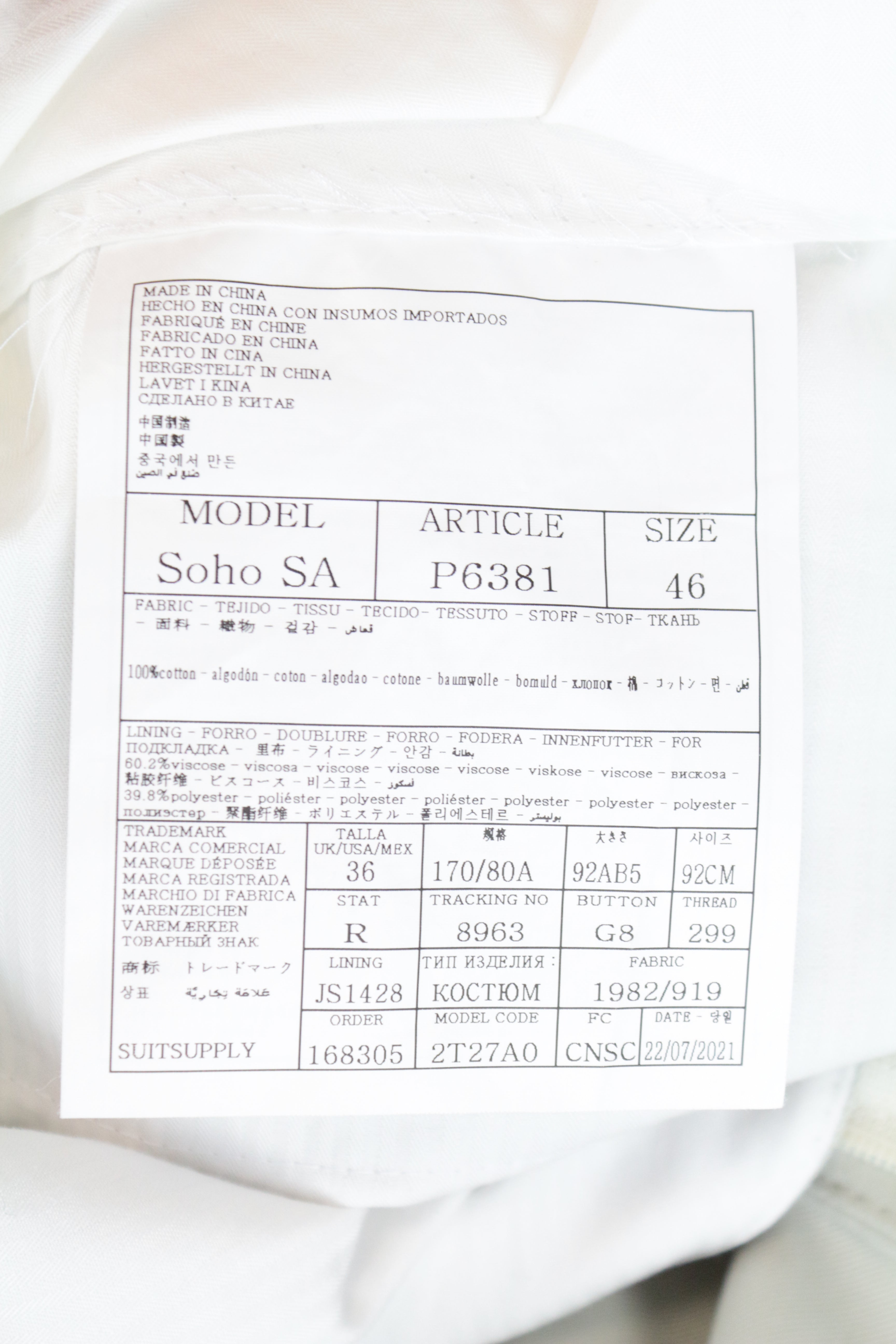 SUITSUPPLY Havana Men's Suit UK36R Ecru Slim Cotton 2-Piece Jetted Classic