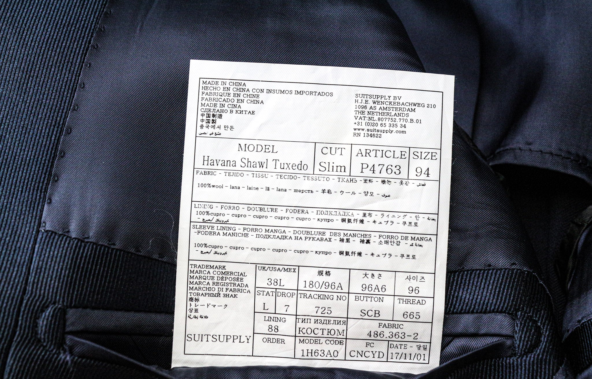 SUITSUPPLY Havana Tux Men's Suit UK38L Slim Blue 2 Piece Pure Wool Super 110s