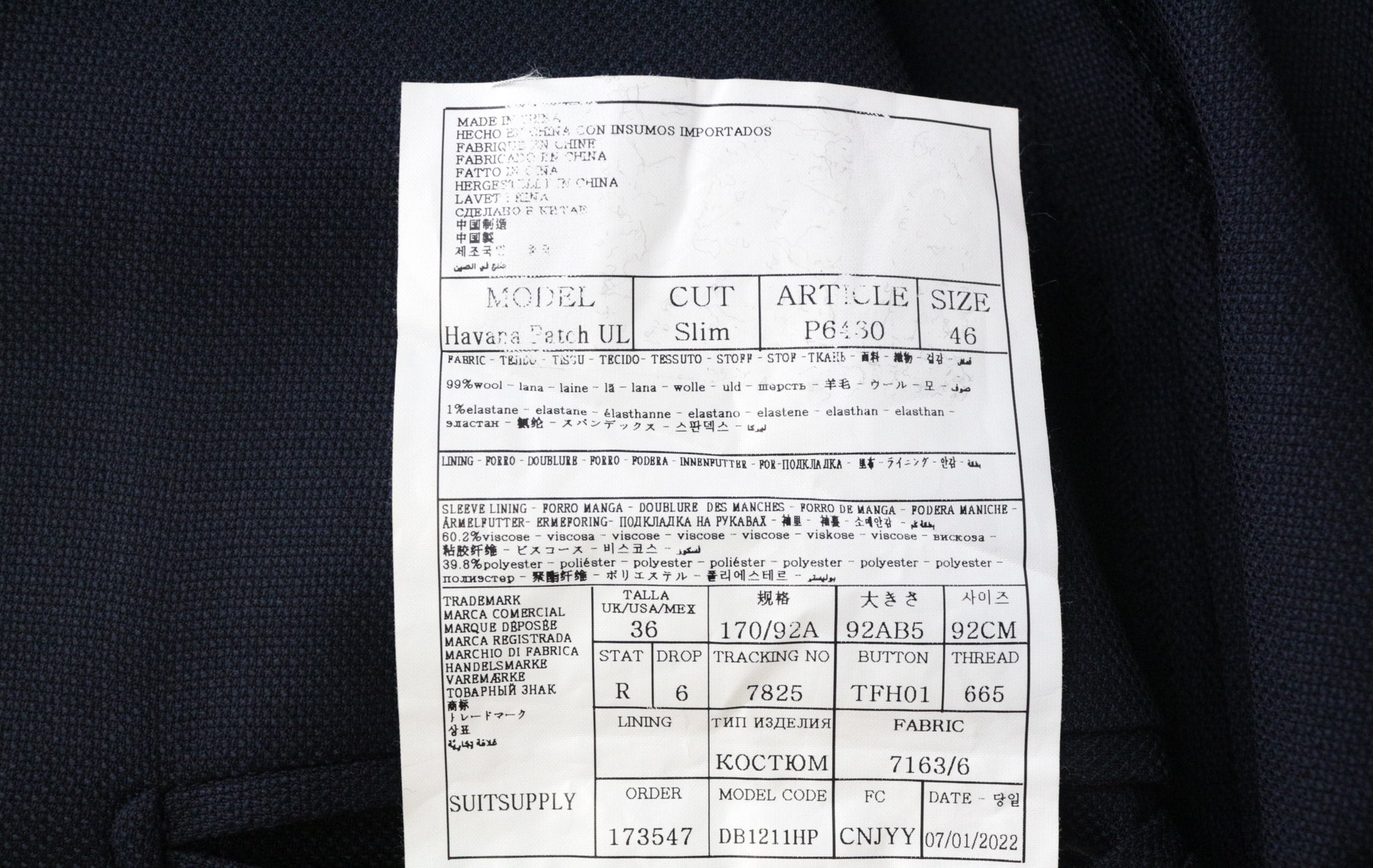 SUITSUPPLY Havana Patch Men's Suit UK36R Wool Blue 2-Piece Slim Unlined