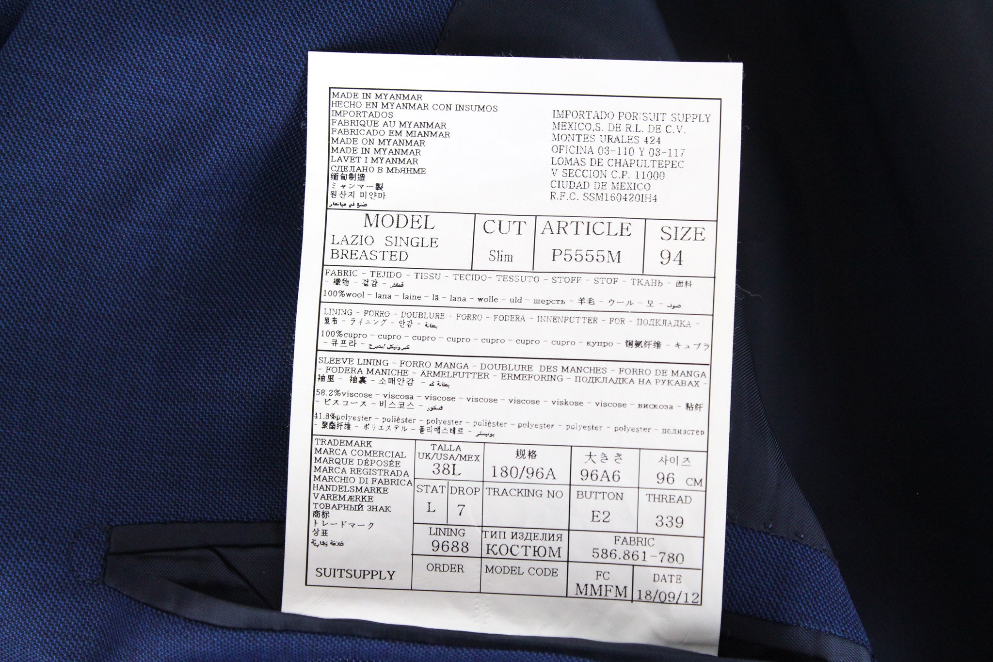 SUITSUPPLY Lazio Men's UK38L Navy Slim Fit Pure Wool 2-Piece Suit