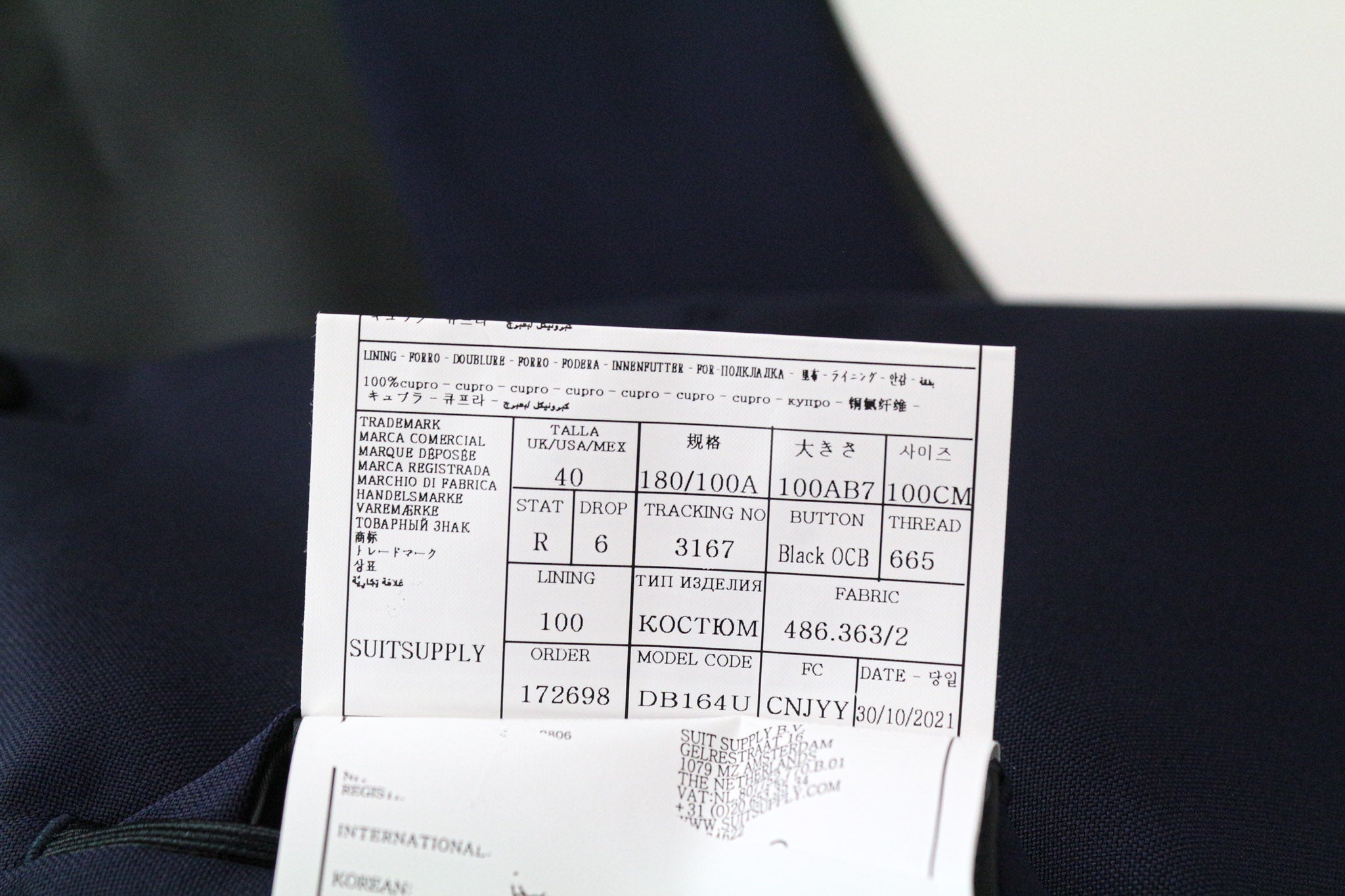 SUITSUPPLY La Spalla Men's Suit UK40R Blue Slim Wool S130s 3-Piece Tuxedo