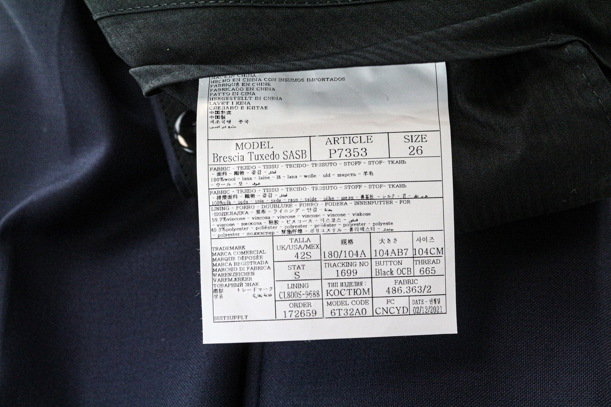 SUITSUPPLY La Spalla Men's Suit UK40R Blue Slim Wool S130s 3-Piece Tuxedo