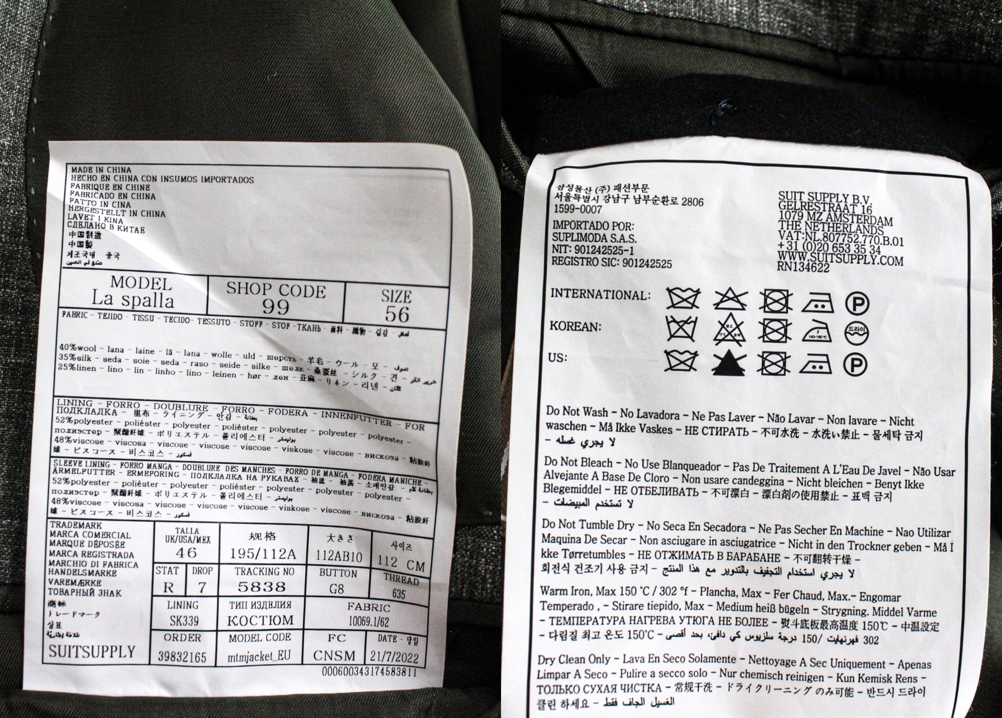 SUITSUPPLY La Spalla Men's UK46R Green Single-Breasted Wool Silk Linen 3 Piece