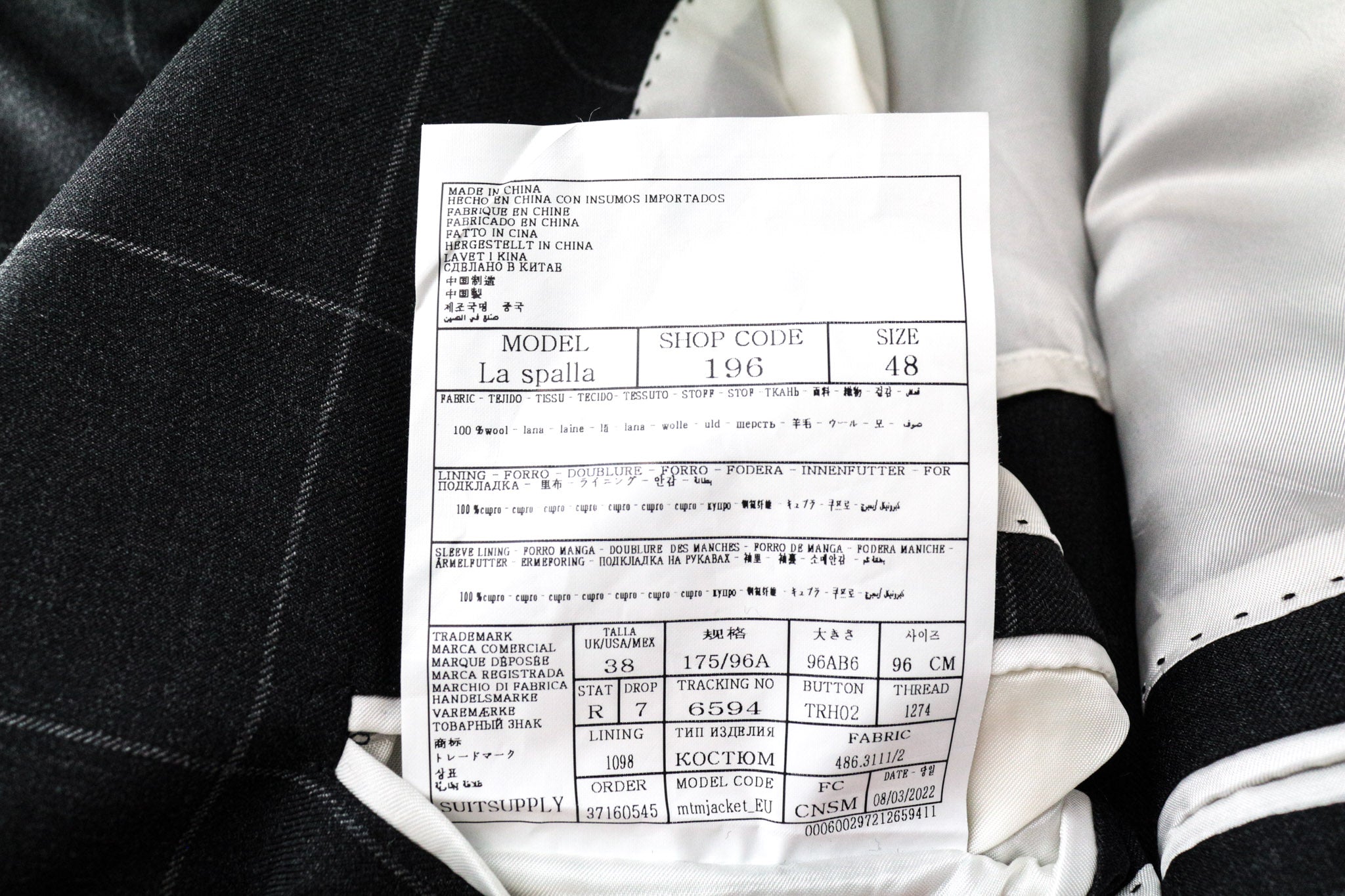 SUITSUPPLY La Spalla Men's UK38R Grey Slim Wool Windowpane Suit 2Pc