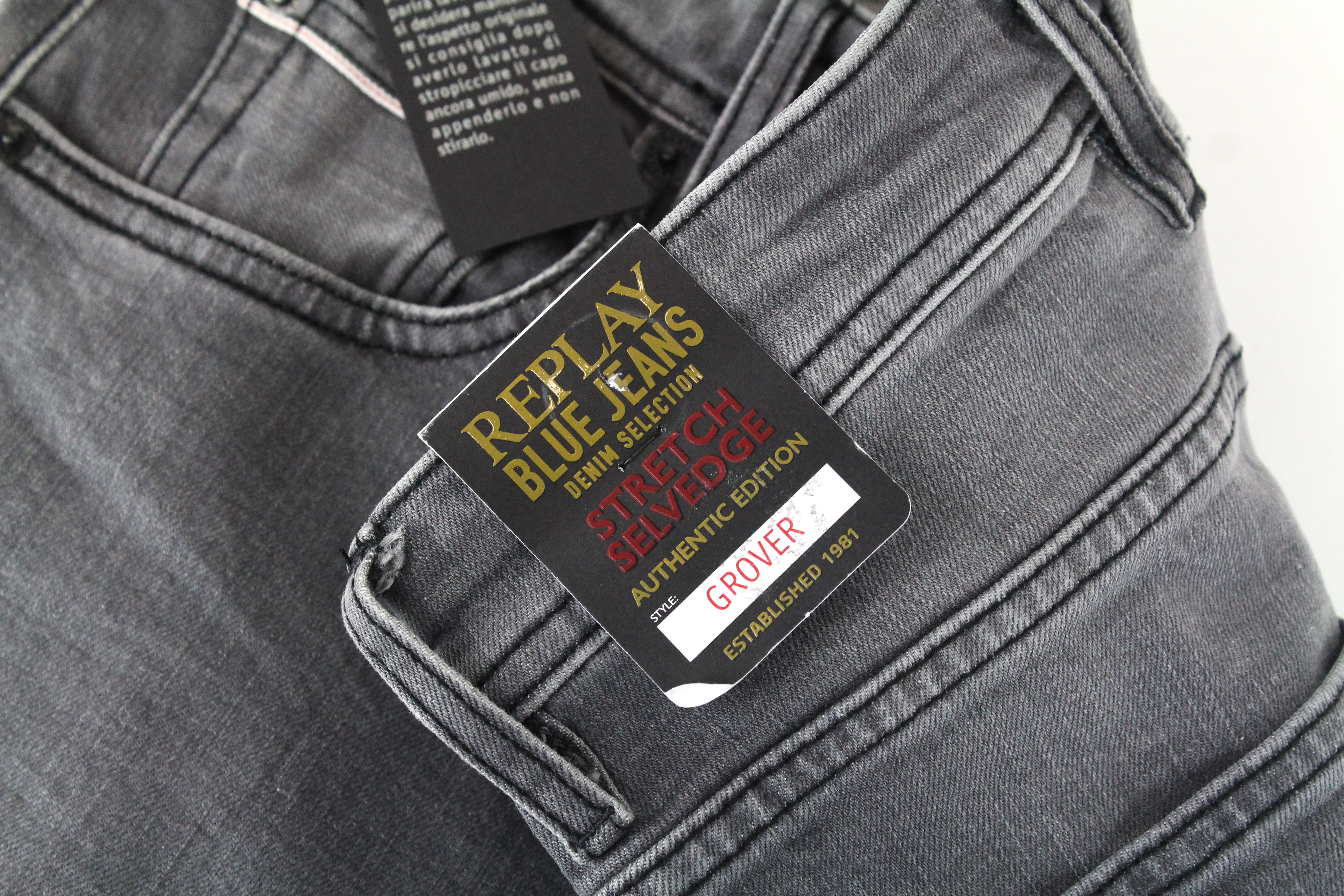 REPLAY Grover Men Jeans W29/L32 Straight Fit Cotton Stretch Grey Selvedge