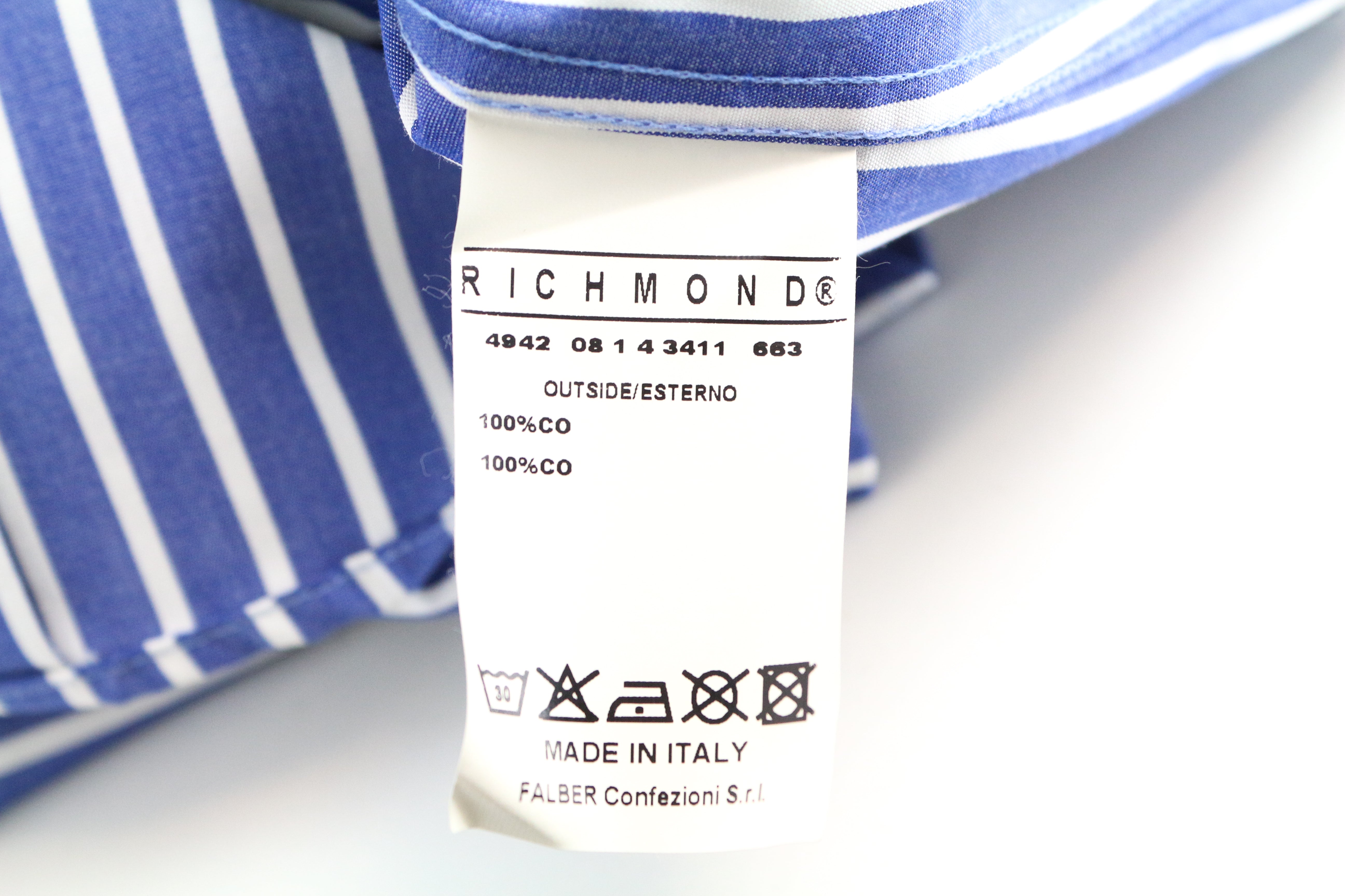 RICHMOND  Men Shirt 48 Blue Logo Pure Cotton Striped Pocketed Short Sleeved