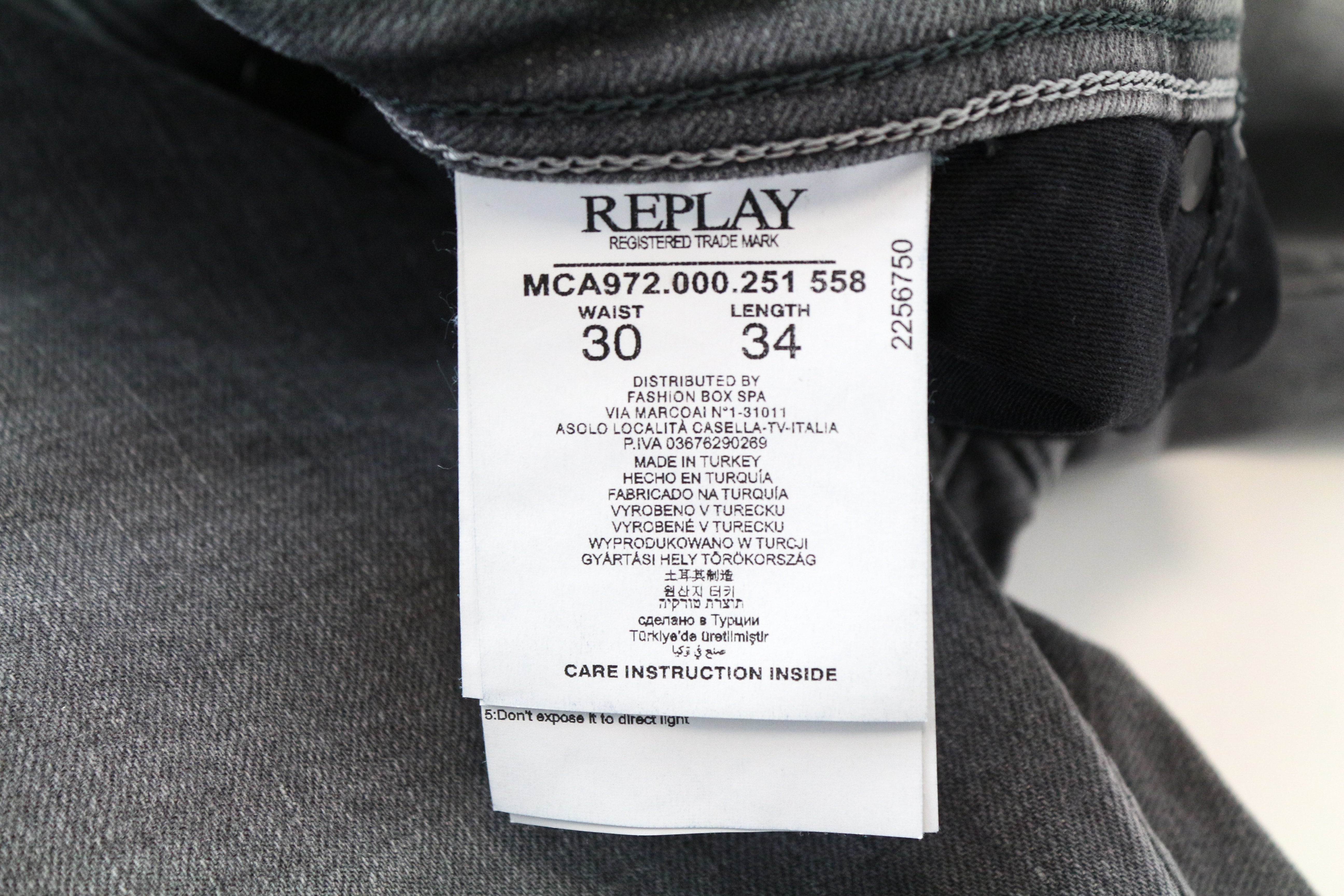 REPLAY Grover Men Jeans W30/L34 Selvedge Straight Grey Cotton Stretch Washed