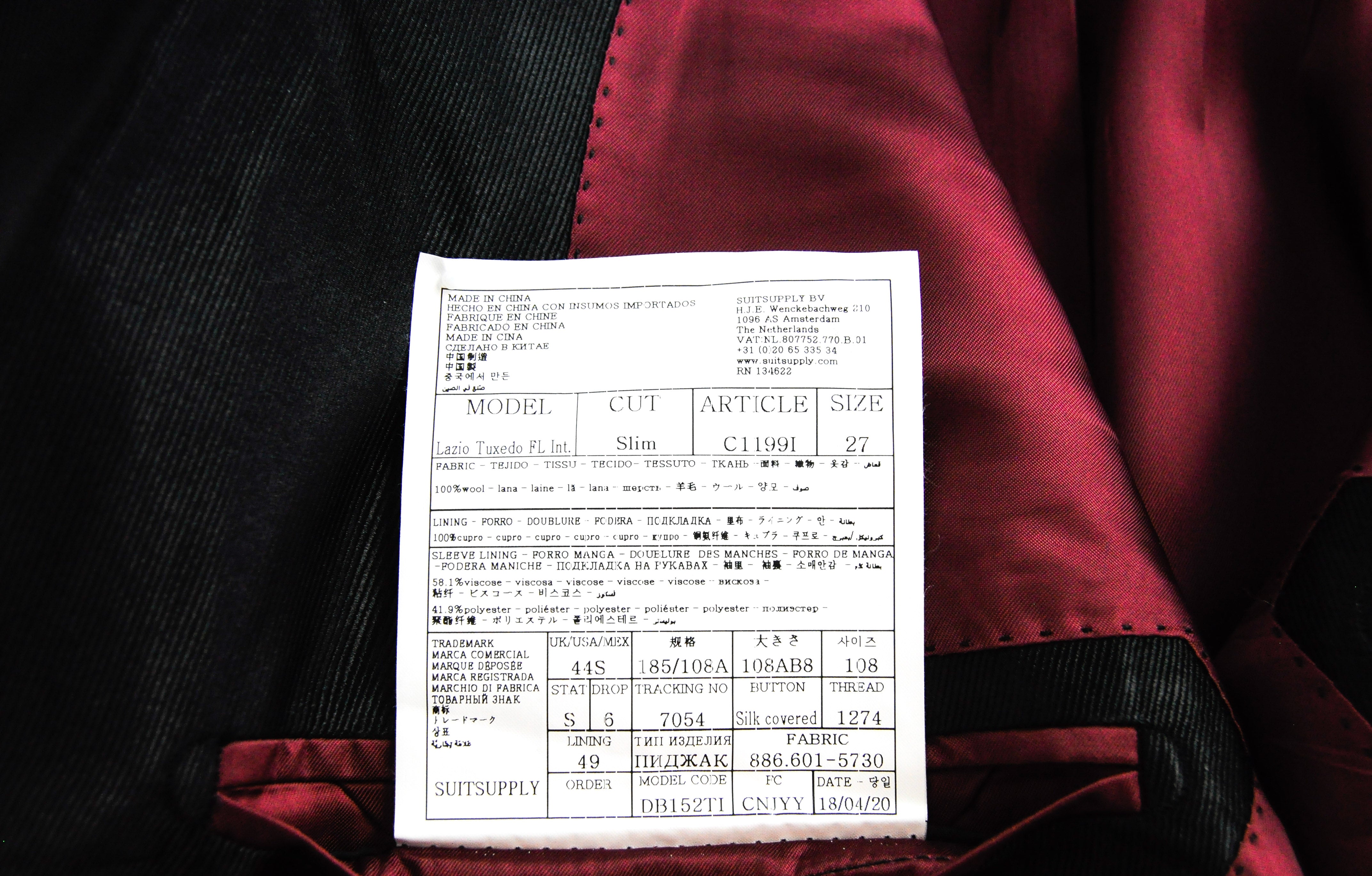 SUITSUPPLY Men's UK44S Lazio Tuxedo Suit Black Slim Wool 2 Piece Super 110's