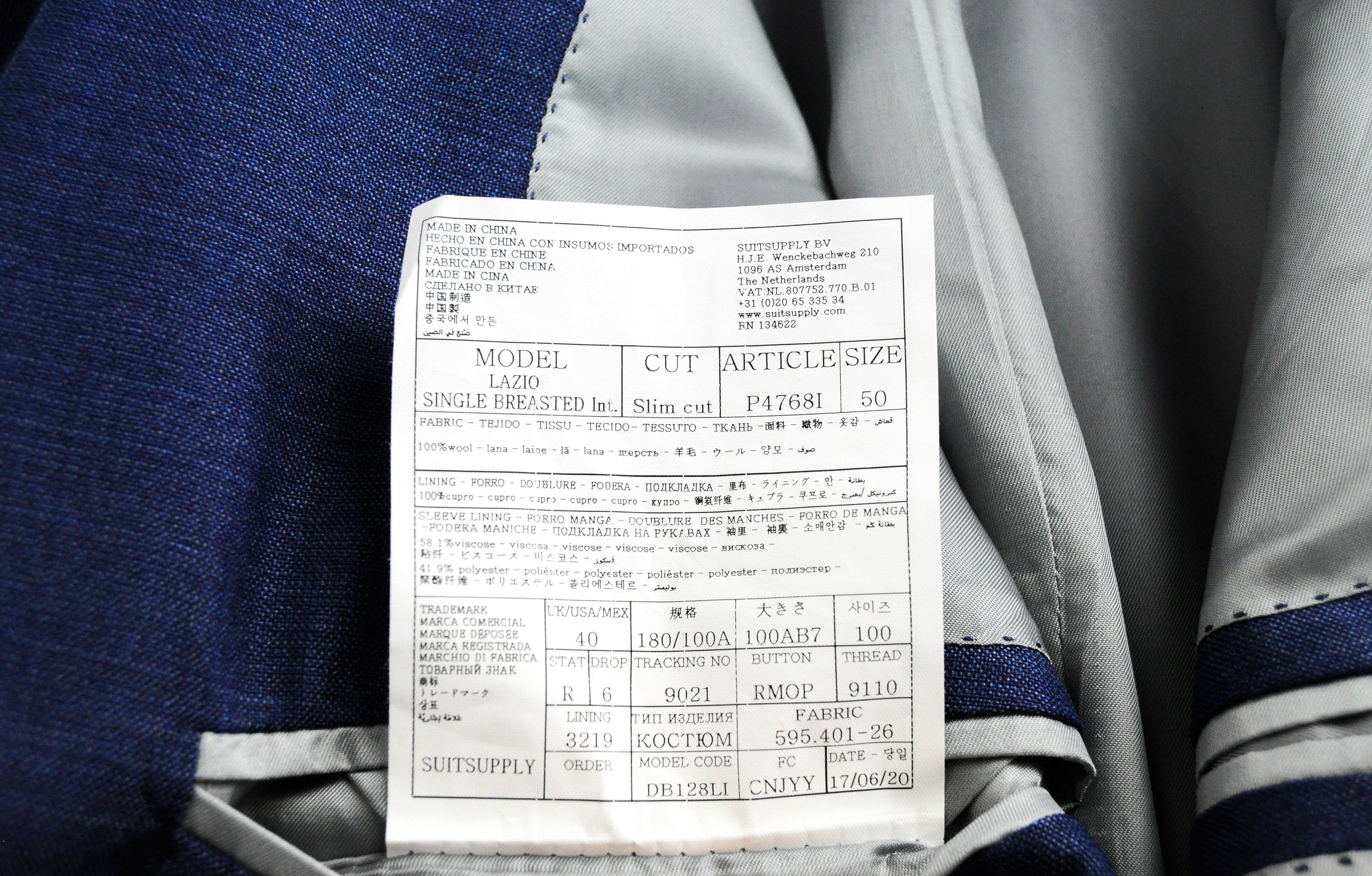 SUITSUPPLY Lazio Men Suit UK40R Pure Wool Super 110's Blue Slim Single-Breasted