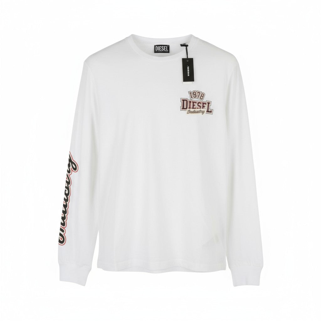 DIESEL T-Diegos-LS-K27 Men T-Shirt L White Cotton Long Sleeved Crew Neck Tricot