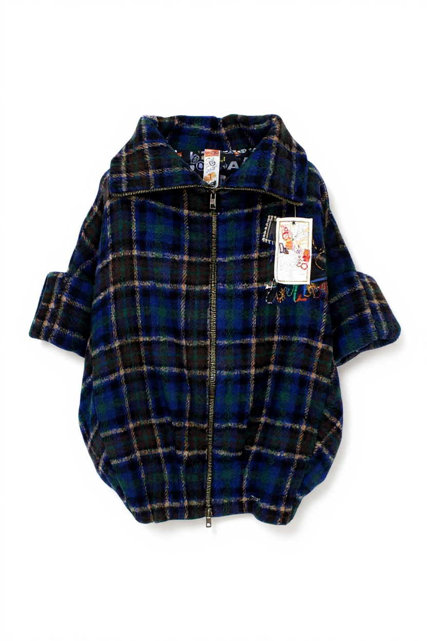 DESIGUAL Women's Coat EU 40 Blue Tartan Wool Blend Oversize Embroidered Kimono