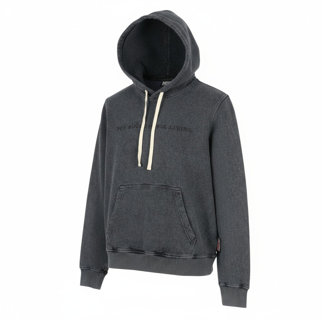 DIESEL S-Ginn-Hood-E1 Men Hoodie L Washed Grey Distress Hooded Kangaroo RRP195