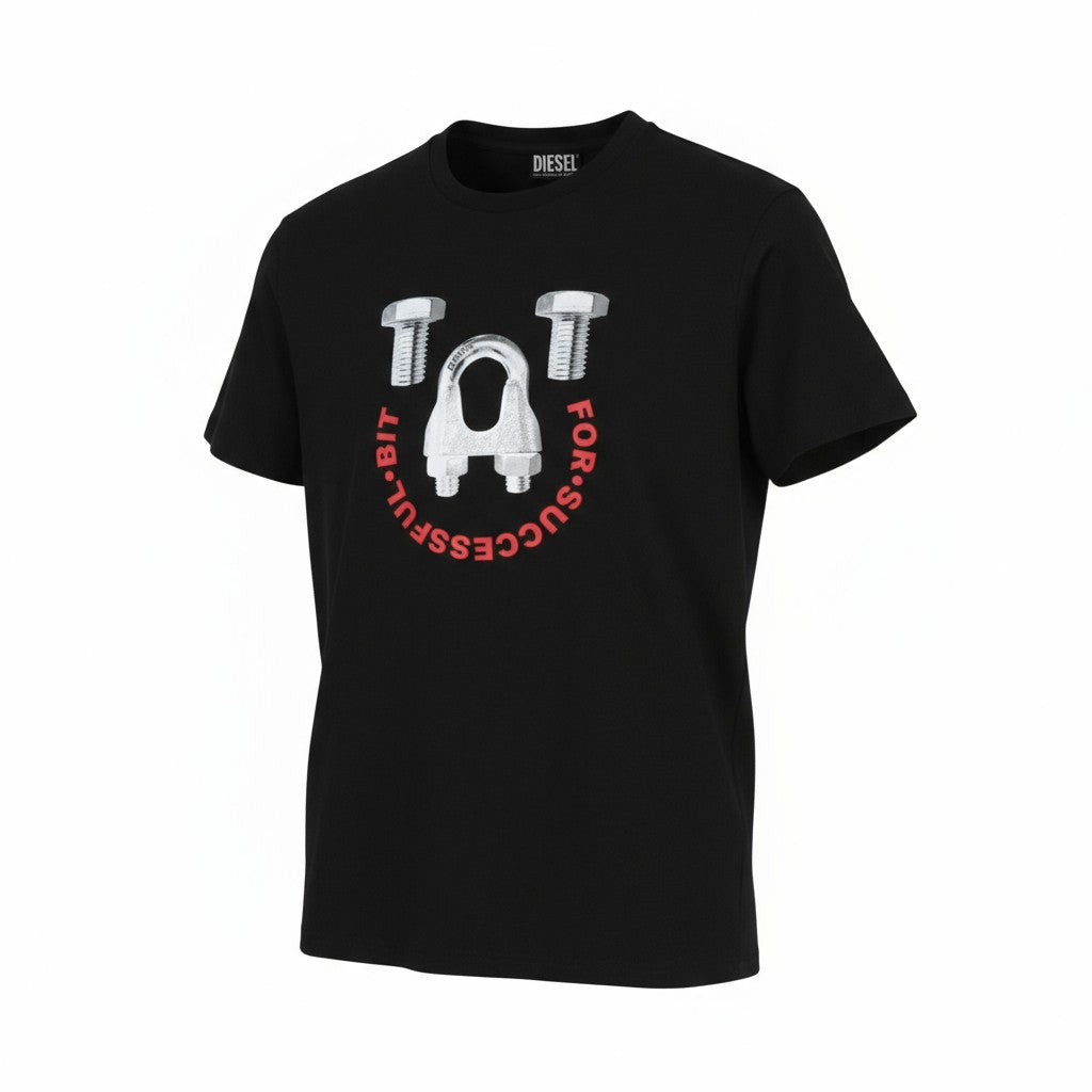 DIESEL T-Diegos-B3 Men T-Shirt S Black Tricot Stretchy Crew Neck Short Sleeve