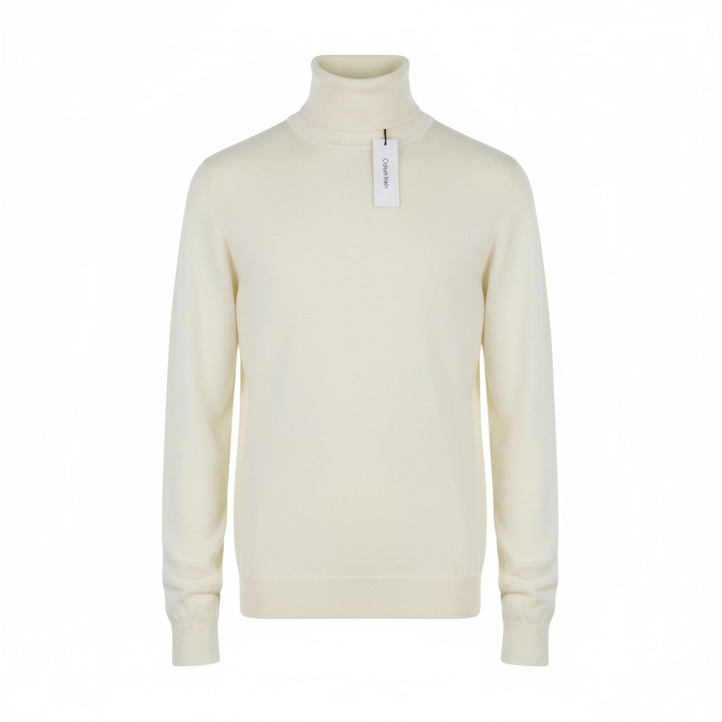 CALVIN KLEIN Merino Rws Turtle Men Jumper L White Knitted Logo Pullover RRP189