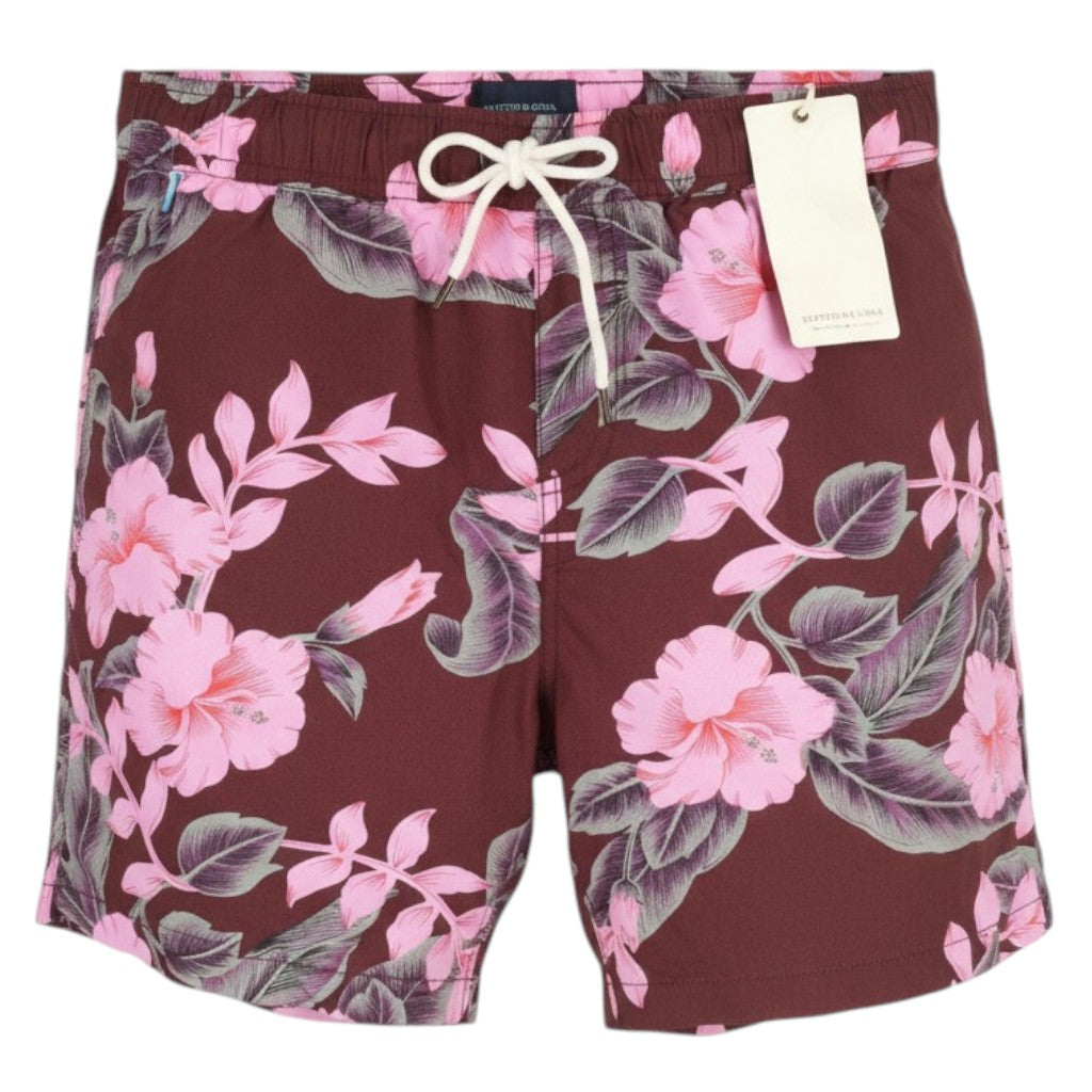 SCOTCH & SODA Men Swimwear S Burgundy Floral Patterned Elastic Waist Mesh Lined