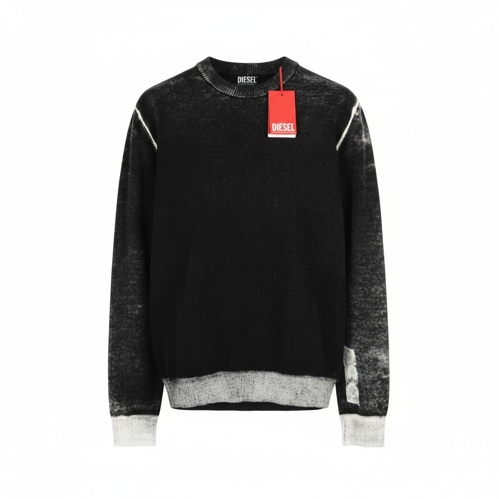 DIESEL K-Larence Men Jumper L Black Washed Effect Crew Neck Cotton Knitt RRP225