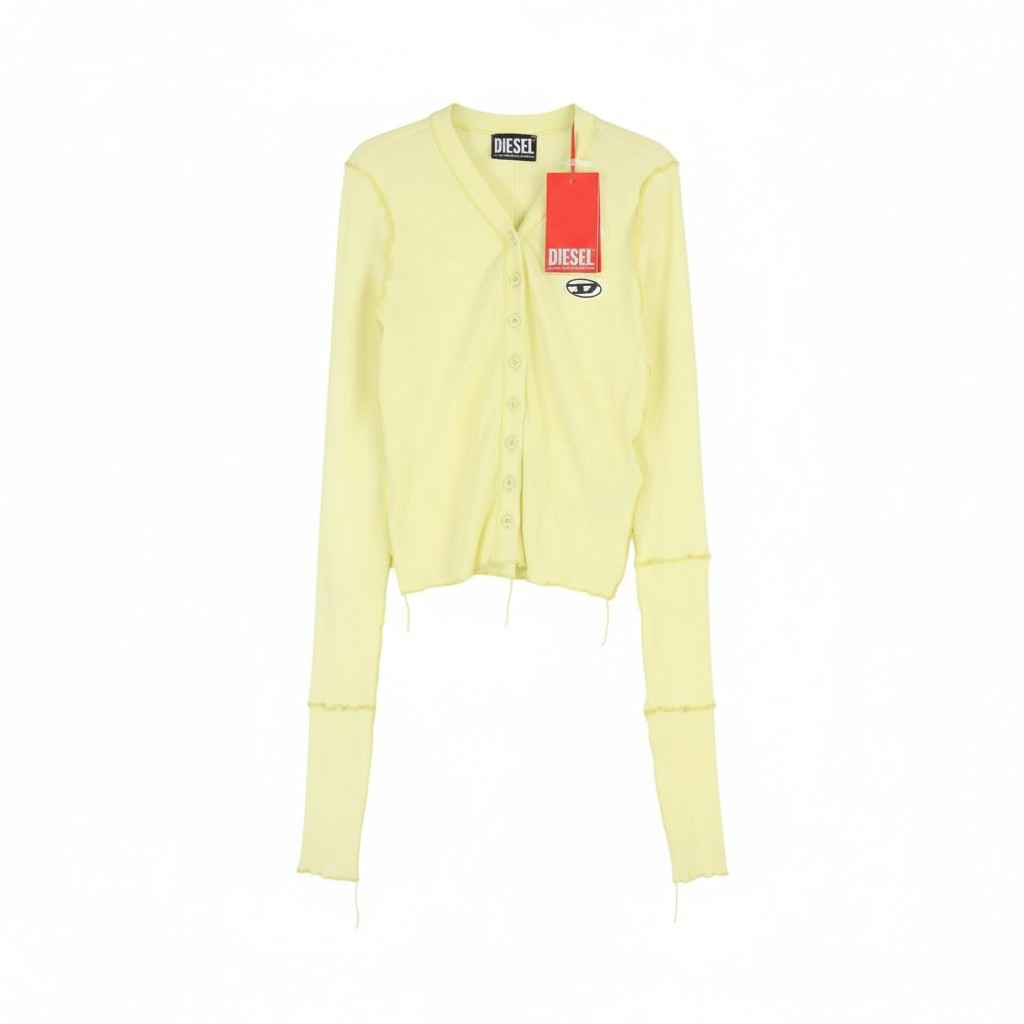 DIESEL T-Ribby-Open Women T-Shirt S Yellow Cardigan Button Cropped Ribbed Logo