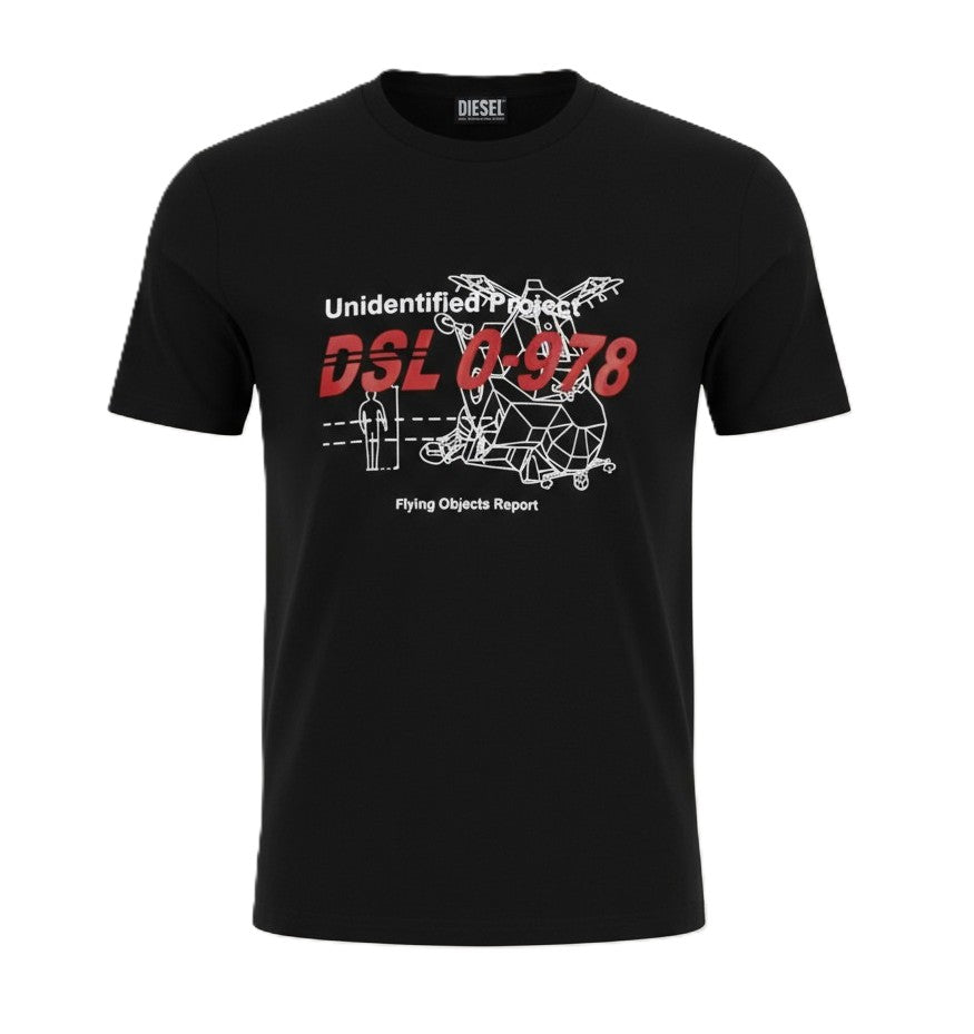 DIESEL T-Diegos-B82 Men T-Shirt M Black Tricot Stretch Crew Neck Short Sleeved
