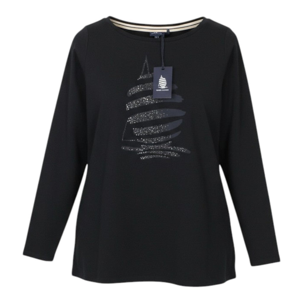 MARINA YACHTING Women T-Shirt S Black Cotton Crew Neck  Rhinestone Pullover