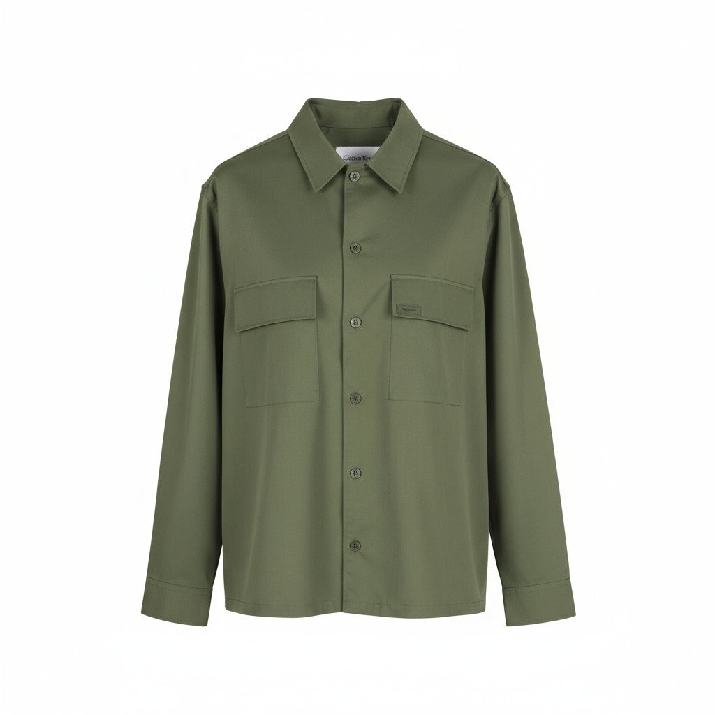 CALVIN KLEIN Minimal Twill Men Shirt L Green Spread Neck Patch Pocket Overshirt