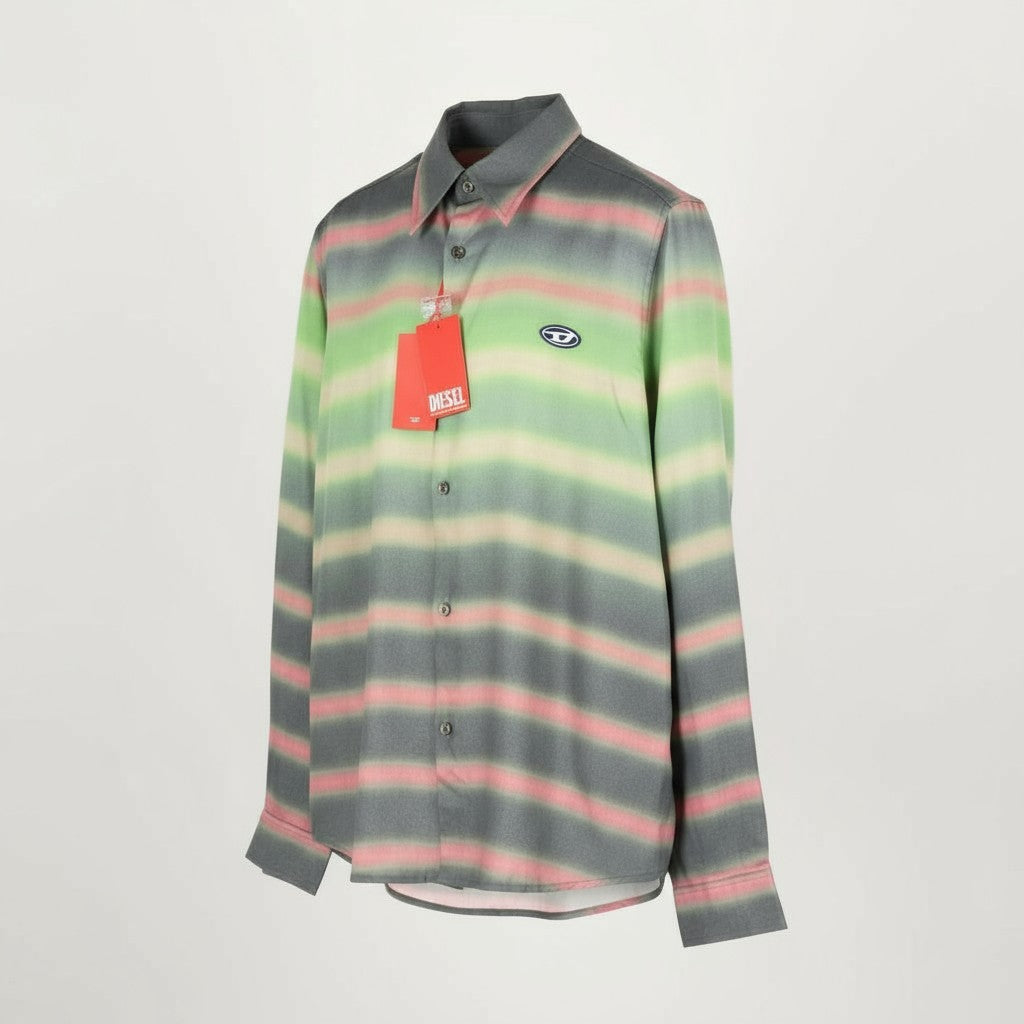 DIESEL S-Tucker-Stripe Men Shirt L RRP€150 Pattern Button Up Spread Logo Light