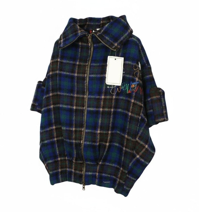 DESIGUAL Women Coat EU42 Blue Tartan Oversize Kimono Style Wool Blend Coat