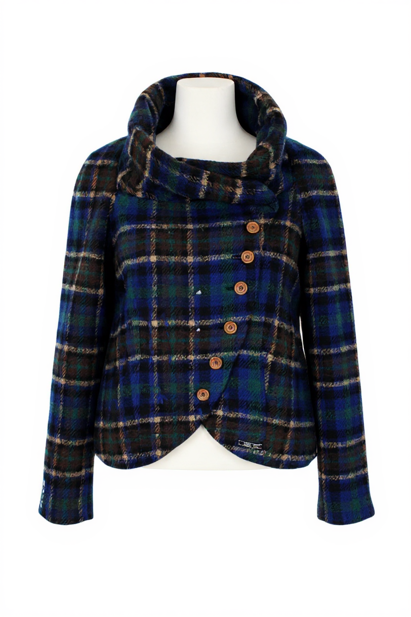 DESIGUAL Mula Women's Coat EU 38 Blue Check Wool Blend Logo Detail Embroidered