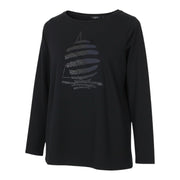 MARINA YACHTING Women T-Shirt S Black Cotton Crew Neck  Rhinestone Pullover