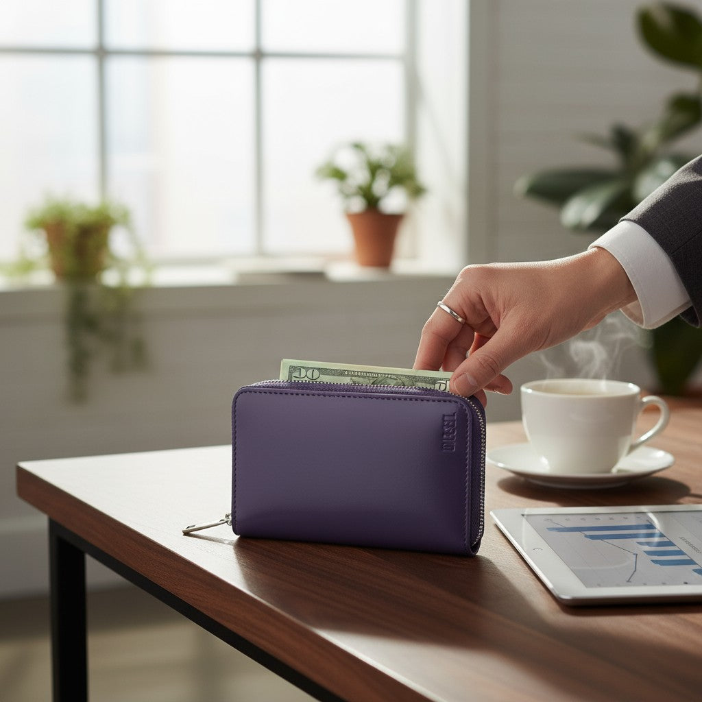 DIESEL Jadda Women Wallet OS Dark Purple Cow Leather Zipper  Violet RRP160