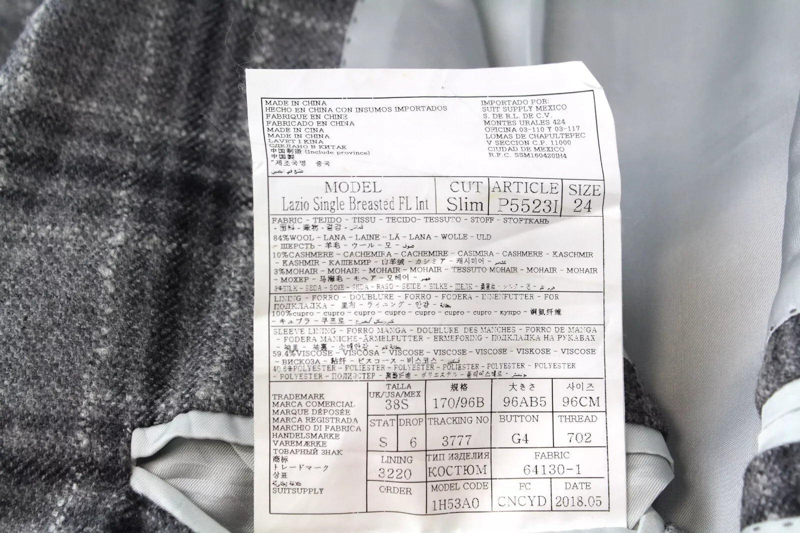 SUITSUPPLY Lazio Men`s Suit UK38S Slim Grey Wool Cashmere Silk Checked Lined