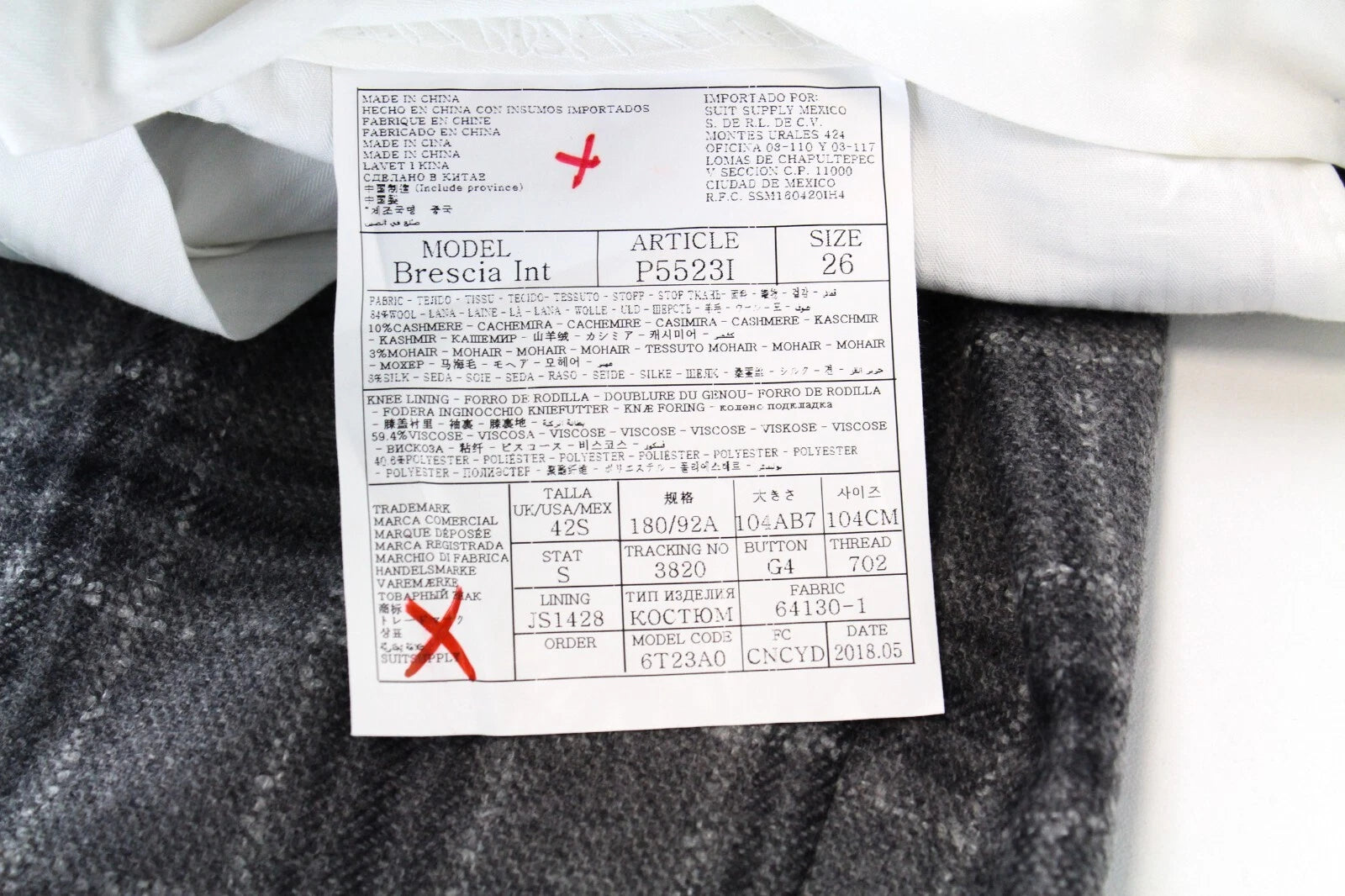 SUITSUPPLY Lazio Men`s Suit UK38S Slim Grey Wool Cashmere Silk Checked Lined