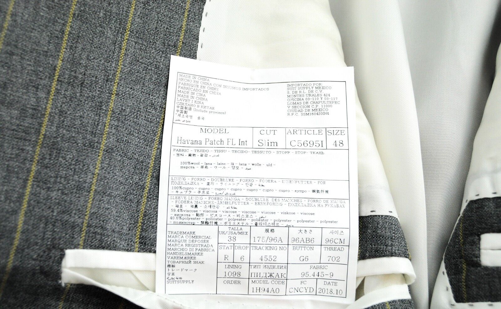 SUITSUPPLY Havana Patch Suit Mens UK38R Grey Slim 2 Pc Wool Lined Stripe