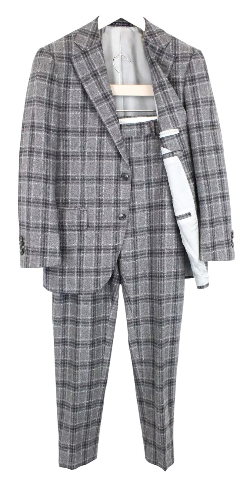 SUITSUPPLY Lazio Men`s Suit UK38S Slim Grey Wool Cashmere Silk Checked Lined