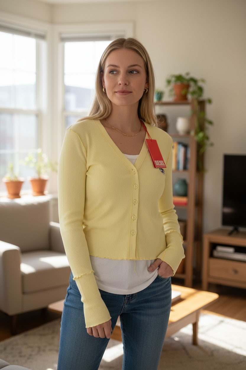 DIESEL T-Ribby-Open Women T-Shirt S Yellow Cardigan Button Cropped Ribbed Logo