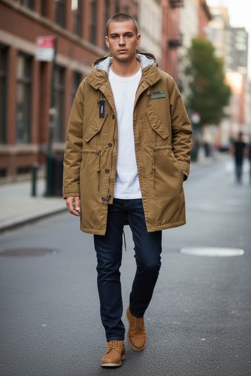 DIESEL W-Miles Men Jacket L Brown Removable Lining Hooded Padded RRP€475