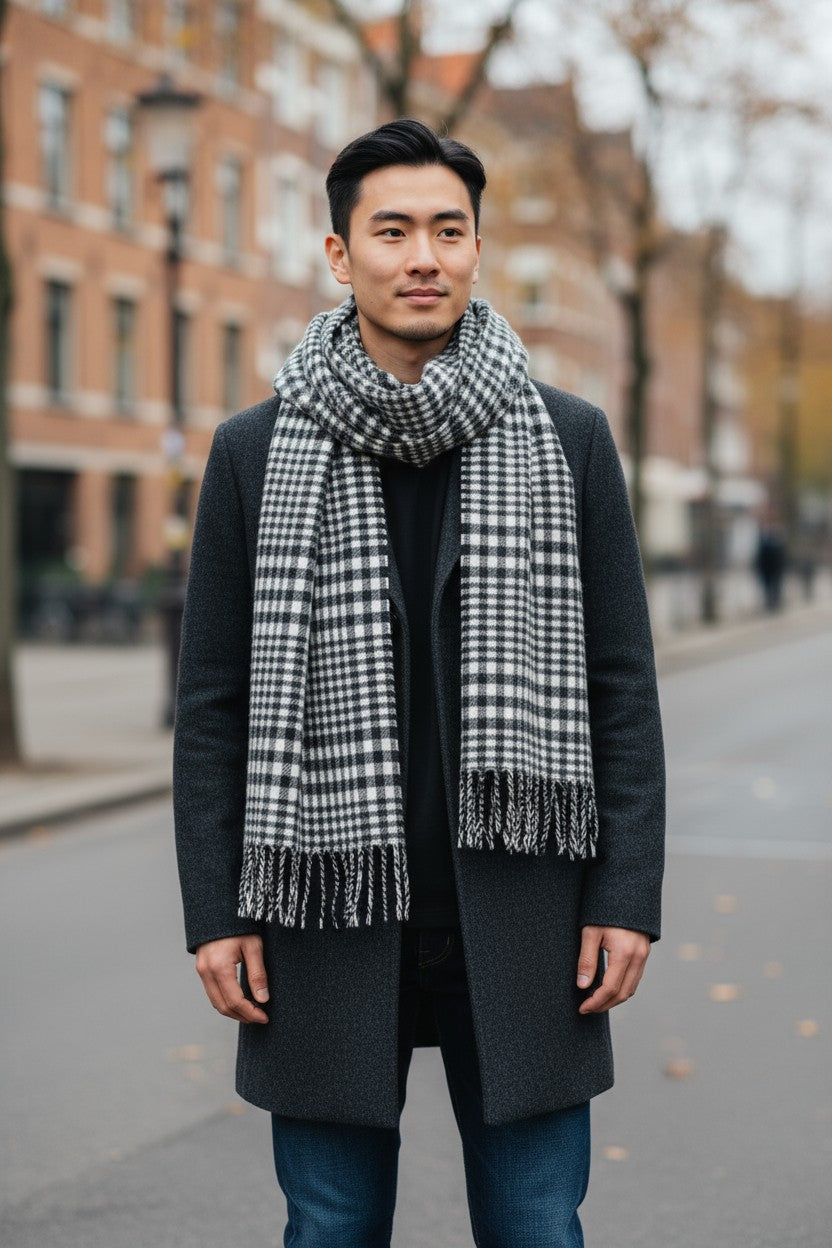 SCOTCH & SODA Men Scarf OS Grey Unisex Woo Blend Tartan Checked Tassels