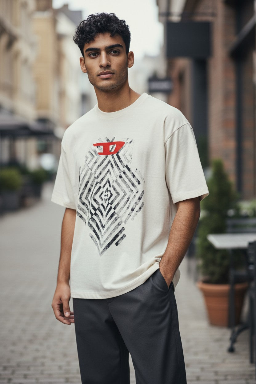 DIESEL T-Diegor-C16 Men T-Shirt L Off White Short Sleeved Crew Collar Tricot