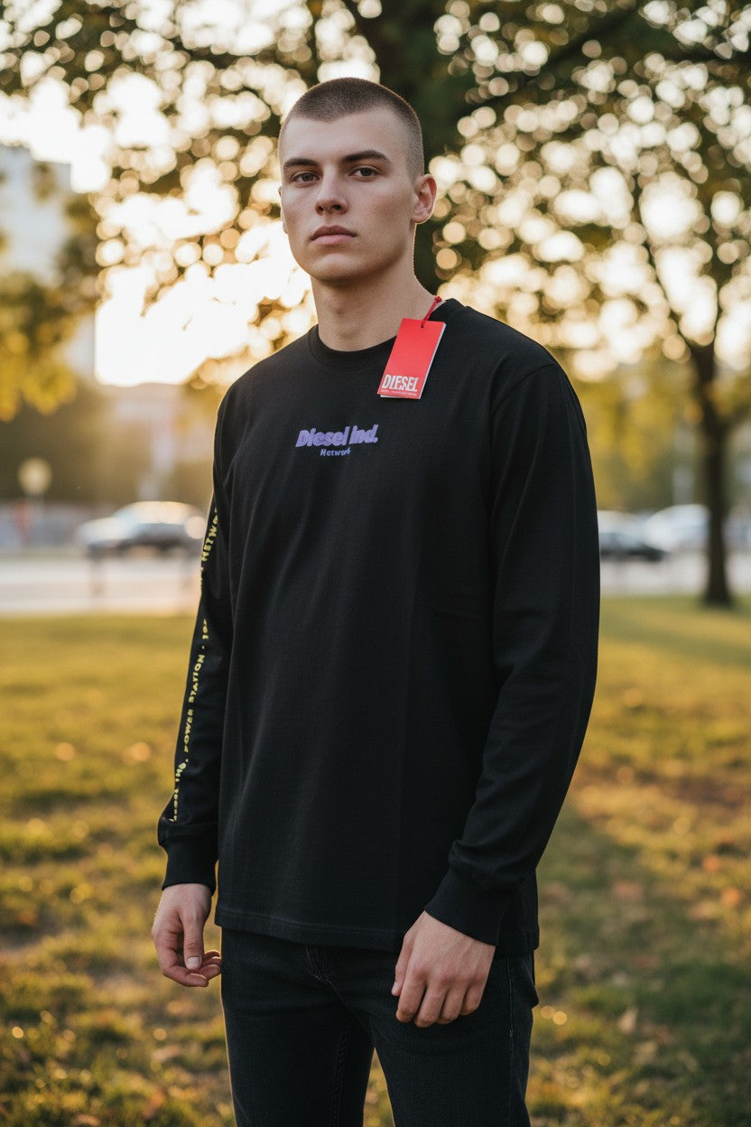 DIESEL T-Just-LS-E4 Men's T-Shirt L Black Lon Sleeve Crew Neck Tricot RRP€80