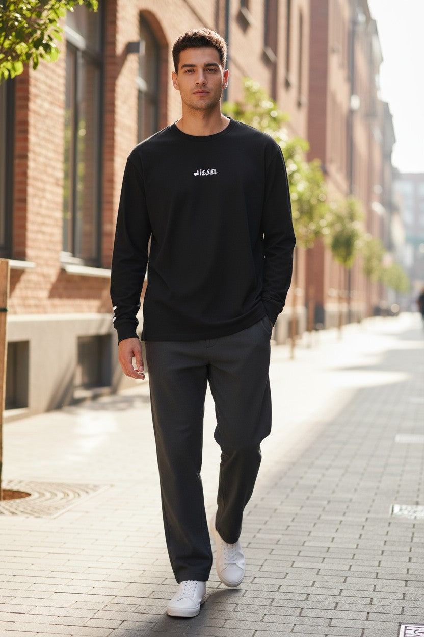 DIESEL T-Just-LS-Slits-B53 Men T-Shirt L Black Pullover Crew Collar