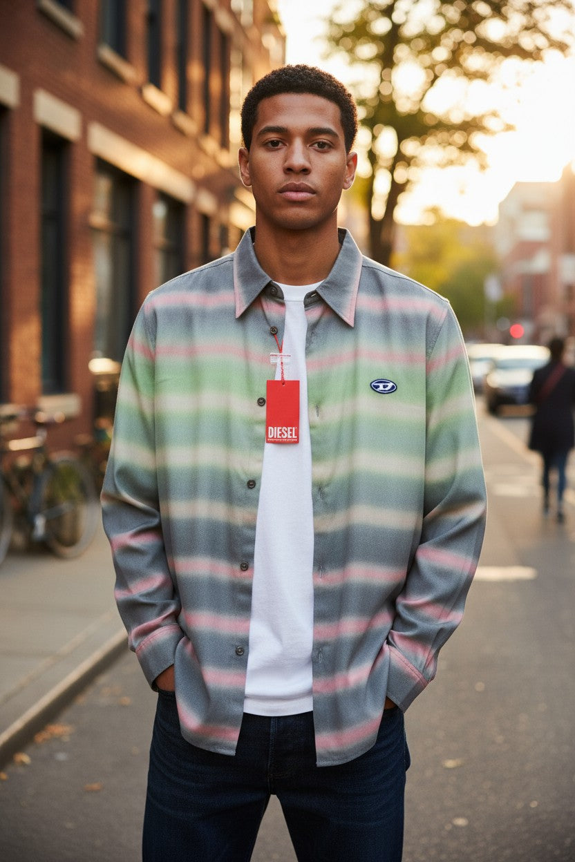 DIESEL S-Tucker-Stripe Men Shirt XL RRP150 Patterned Button Up Spread Collar