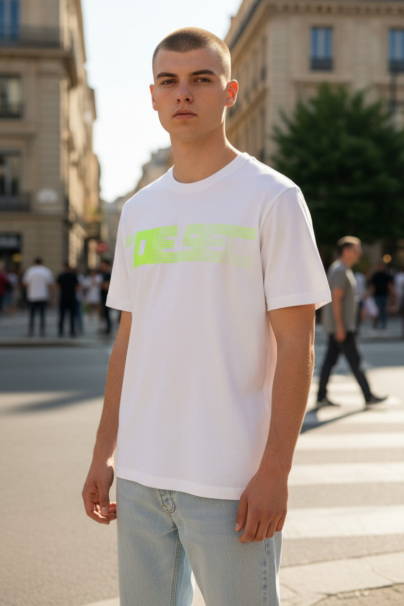DIESEL T-Just-E19 Men T-Shirt L Short Sleeve Crew Neck Front  Tricot White