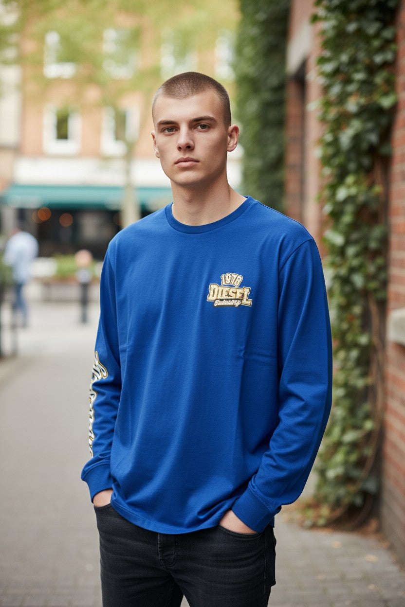 DIESEL T-Diegos-LS-K27 Men T-Shirt L Mid Blue Pullover Crew Neck Logo Cotton