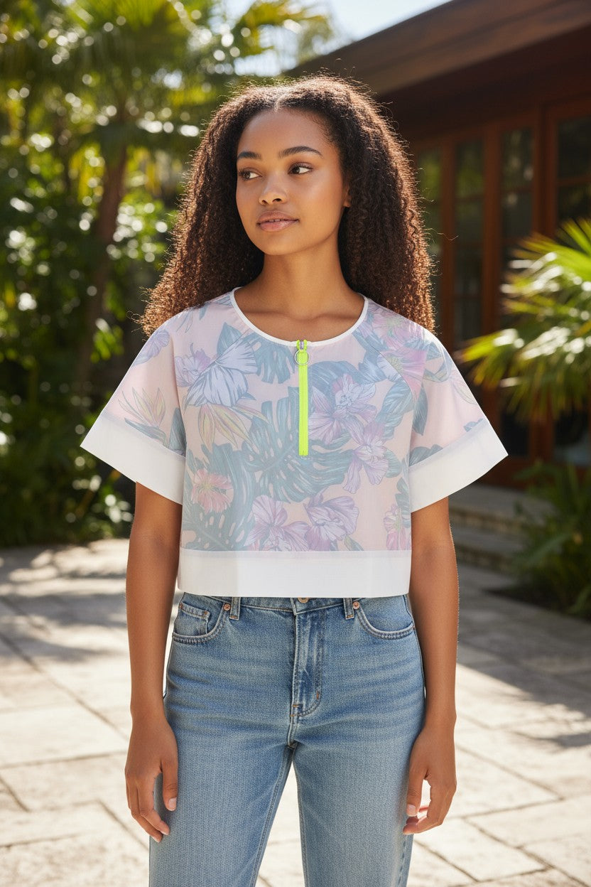 SWEATY BETTY Tournament Women Top S White Floral Cropped Tennis Sport Shirt