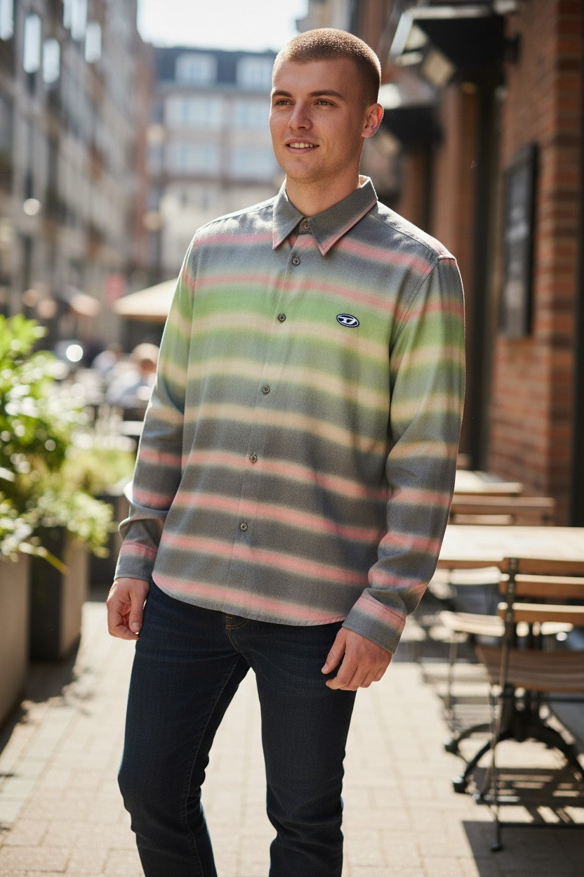 DIESEL S-Tucker-Stripe Men Shirt XL RRP150 Patterned Button Up Spread Collar