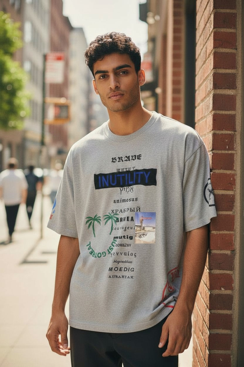 DIESEL T-Balm-B2 Men T-Shirt S Grey Melange Oversize Patterned RRP€125