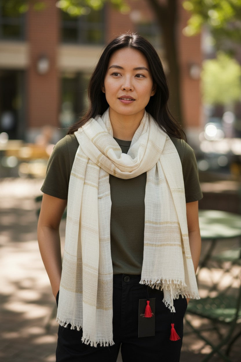 MAISON SCOTCH Women's Scarf One Size Ecru Cotton Blend Pattern Lightweight