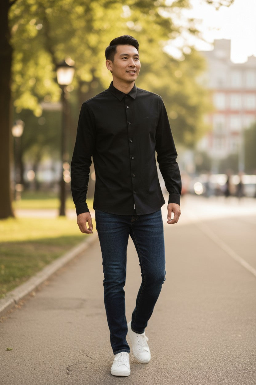 CALVIN KLEIN Poplin Stretch Slim Men Formal Shirt 42 16 1/2 XL Black Button-Up