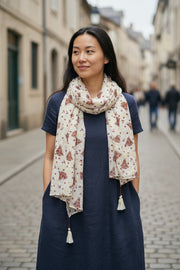 MAISON SCOTCH Women Scarf OS White Pure Cotton Sailboat Print Tassel